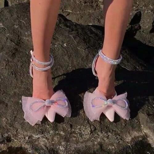 Autumn Elegant High Heels Women Pumps Big Bowtie Pointed Toe Bridal Wedding Shoes Buckle Strap Crystal Party Sandals