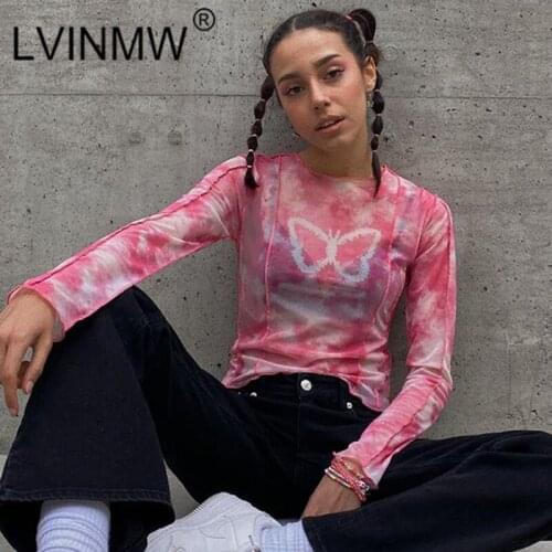 LVINMW Tees Tie Dye Fashion Y2K Remake Long Sleeve Top Edible Tree Fungus Patchwork Casual Mode Slim Tops Butterfly Printed