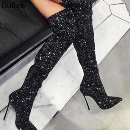 Gullick Women Black Crystal Over The Knee Boot Sexy Pointed Toe Metal Heels Tight High Boot Side Zipper Winter Long Boot