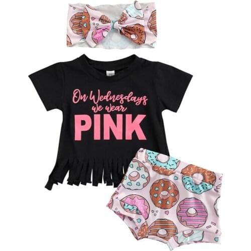 Fashion Baby Girls Clothes Set Letter Print Short Sleeve O-neck T-shirt + Donuts Print Shorts + Bow-knot Headband Clothing Suit