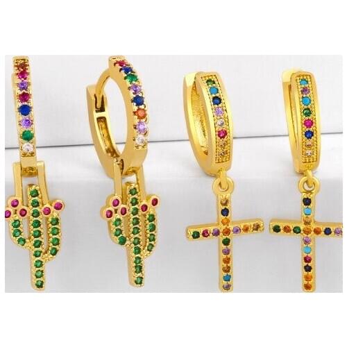 Cross cactus multicolor Brass micro pave cz zircon cubic zirconia drop Hoop Earrings studs copper gold plated crystal uij34