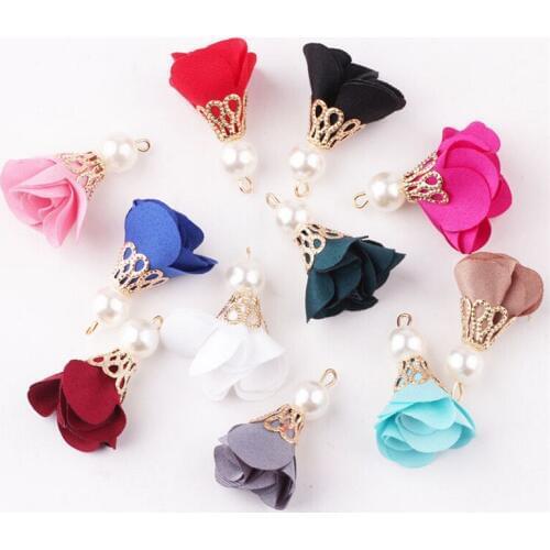 10pcs/lot 30mm small silk tassel for earrings jewelry making charm diy tassels with gold cap pearl chiffon frabic flower tassel