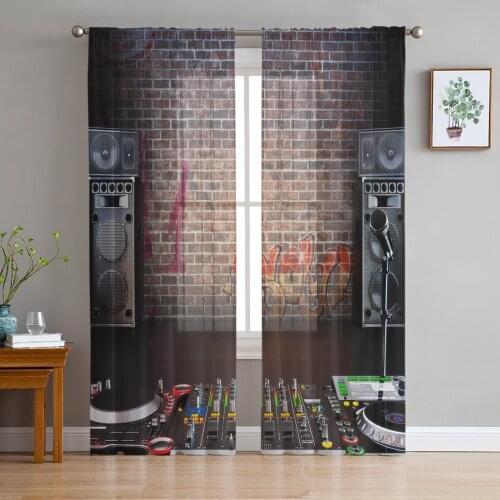 Music Equipment Wall Brick Retro Tulle Sheer Window Curtains for Living Room Bedroom Modern Tulle Voile Curtains Decoration