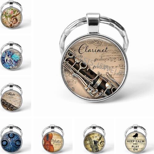 Musical Instrument Clarinet Guitar Flute Violin Music Key Chain Pendant Music Note Keychain Key Rings Music Glass Dome Jewelry