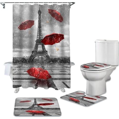 Bathroom Shower Curtain and Rug Sets Paris Eiffel Tower Umbrella Toilet Lid Cover Bath Mat Waterproof Shower Curtains Set