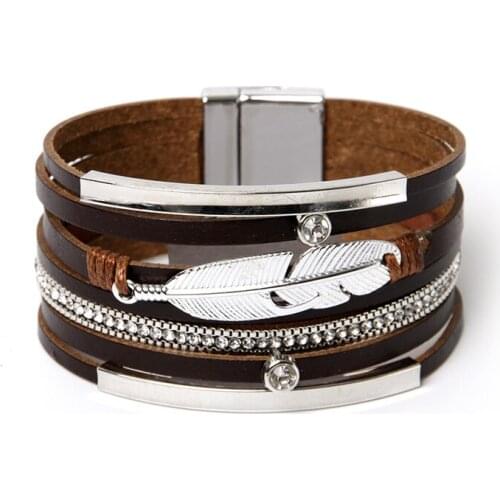 ORNAPEADIA New Jewelry Top Sell Bohemia Multilayer bracelet Ethnic Feather Accessories Genuine Leather Bangles for women gift