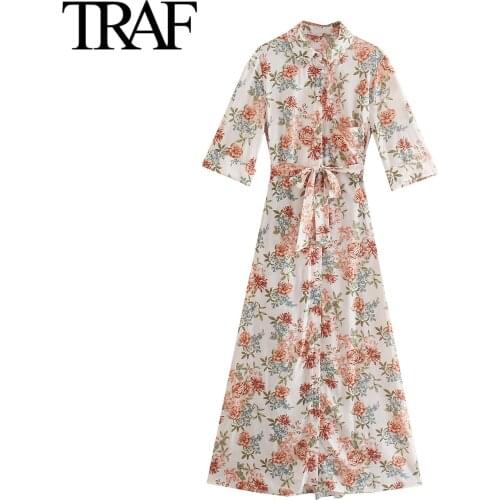 Traf Za Women Fashion Short Sleeve Dresses Summer Bow Big Shirt Dress Flower Print Dress MIDI Skirt Vestidos Mujer