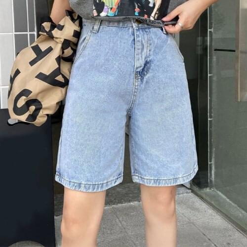 Casual High Waist Straight Jeans Shorts Summer Loose Female Pockets Blue Denim Shorts Ladies High Street Bottoms 2021