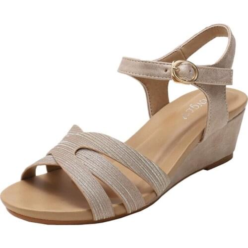 Summer slope heel sandals womens casual fashion one-word buckle strap medium thick heel round toe sandals