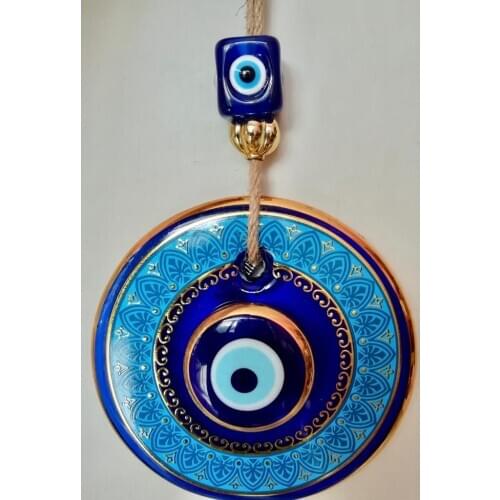 Big Size-14 cm Diameter- Golden Gilted and Colored Patterned Glass Blue Evil Eye Wall Hanging Ornament – Turkish Nazar Bead - Ho