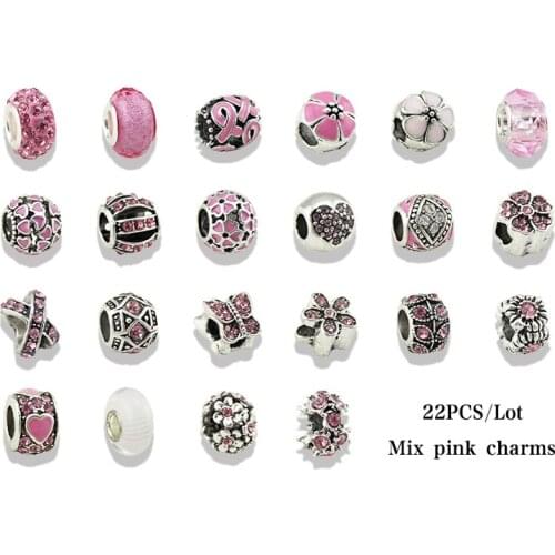 VIOVIA Mix 22 pieces per lot Cute Color Pink Crystal Charm Beads Fit Original Pan Bracelet Pendant Women Diy Jewelry