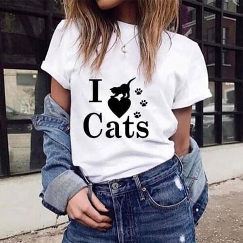 Womens Fashion T-shirt Letter Print I Love Cats Short Sleeve Shirts Cat Printed Tees young girl gift graphic street tops M146
