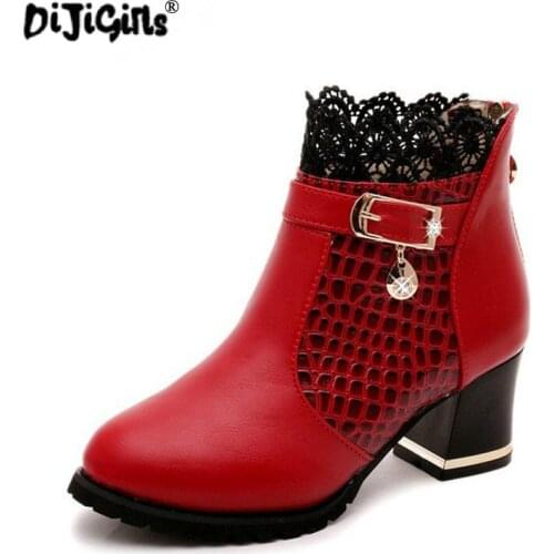 Women PU Pattern Ankle Boots shoes Sexy Lace Cuff Thick Heel Women Boots Fall Winter Fashion Black/Red Women Shoes mujer