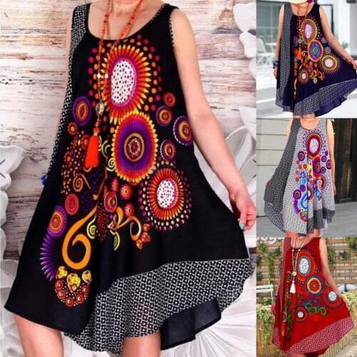 Women Casual Summer Autumn Loose Vintage Dress Leisure Ethnic Style Print Sleeveless Irregular Hem for Beach Plus Size
