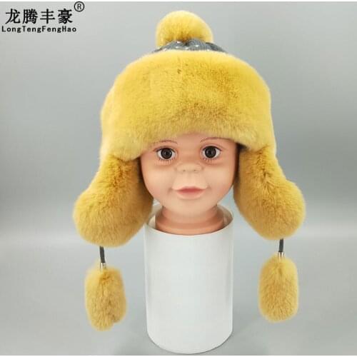 Winter Real Full Pelt Rex Rabbit Fur Bomber Hats Children Kids Girl Boy Bomber Cap Cute Earmuff Hat Rex Rabbit Fur Hat Cap