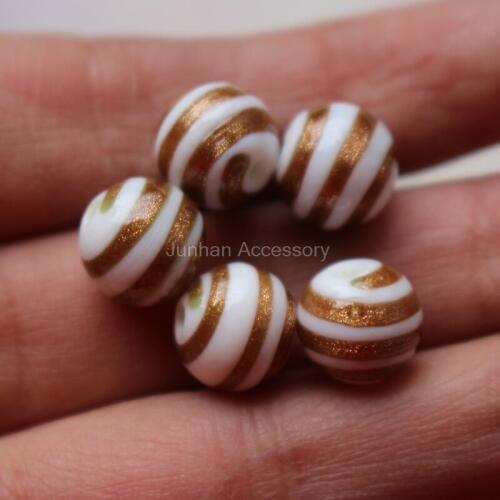 10Pcs 10mm Handmade Glass lampwork beads White with gold strips Fine for jewelry making Wholesale and Retail