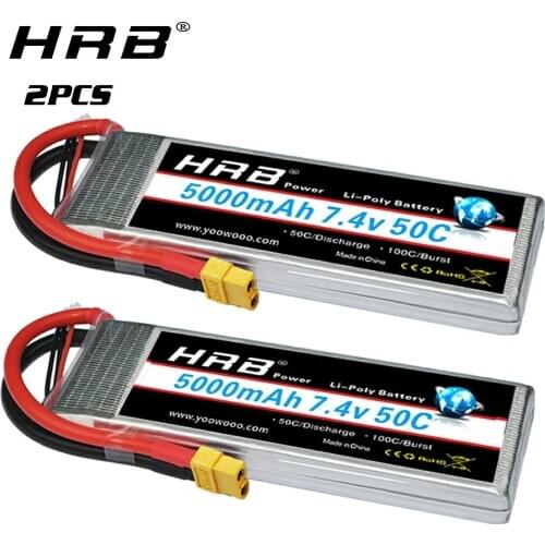 2 Packs HRB 7.4V 5000mah Lipo Battery 2S Lipo 50C with XT60 T deans connector for RC Evader BX Car Buggy Truck Truggy UAV Drone
