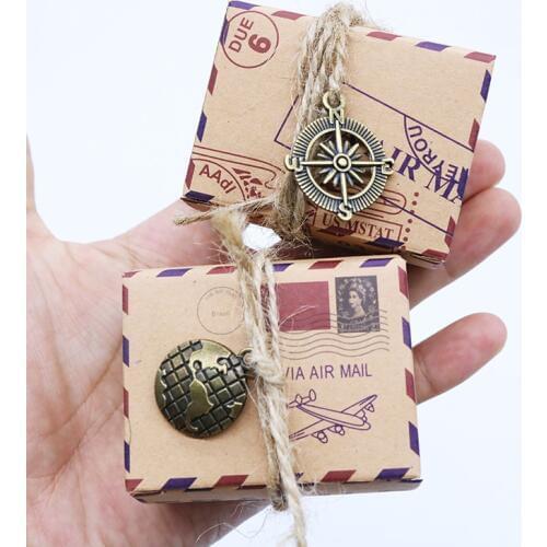 50sets/lot Wedding Vintage Candy Box Kraft Packaging Gift Box Wedding Favors and Gifts Bag Travel Themed Party Supplies