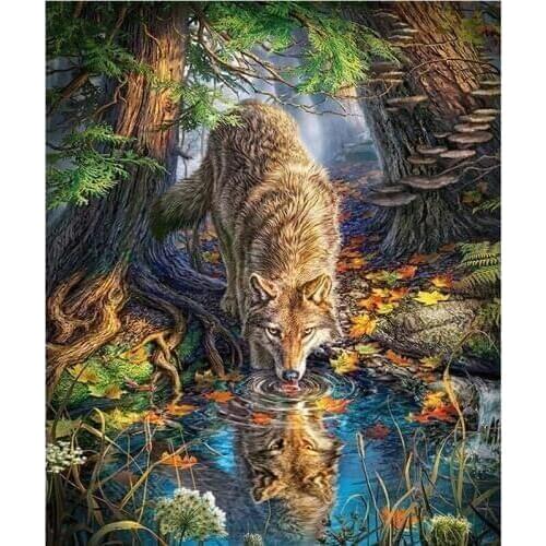 Diamond Painting Full Drill A Wolf Who Drinks Water Mosaic DIY Diamond Painting Cross Stitch Embroidery Home Decorative Craft