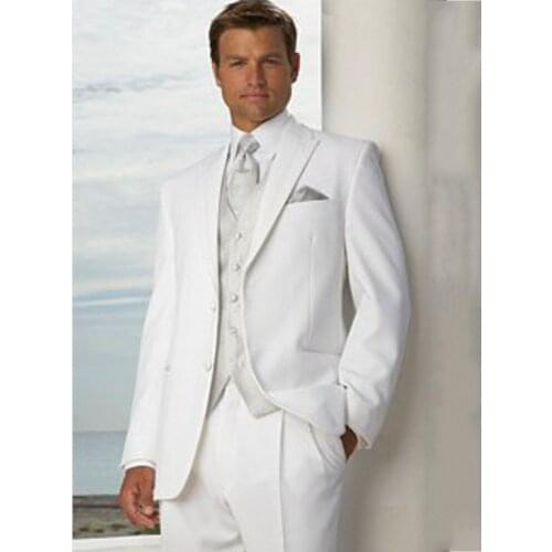 Handsom White Groom Tuxedos Men Prom Dress Business Suits Peak Lapel Coat Waistcoat Trousers Sets (Jacket+Pants+Vest+Tie) K:1294