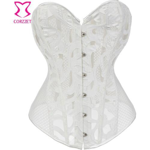 White Leather & Fishnet Burlesque Espartilhos E Corpetes Corsets Plus Size Women Bridal Gothic Lingerie Sexy Wedding Corset Top
