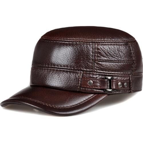 RY108 TOP Male Earmuffs Genuine Leather Flat Army Hats For Men Winter Ear Head Warm Chapeau Hombre Leisure Fishing Baseball Caps