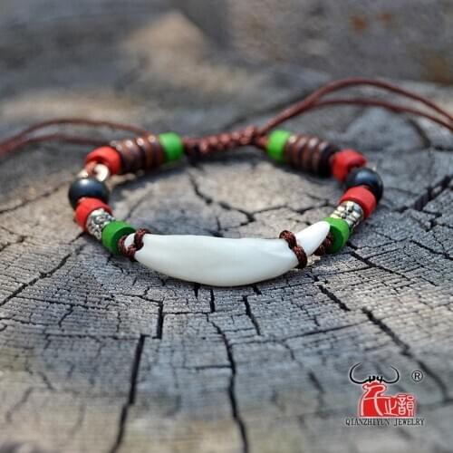 YS003 Natural bone punk bracelet wood beads bracelet men spike bracelet women Primitive tribes jewelry Fake wolf Tooth Bangles