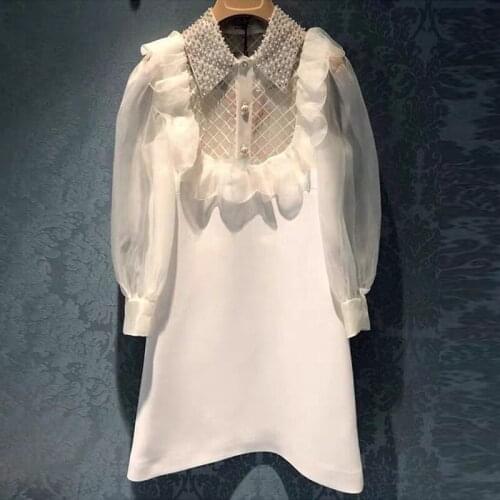 French style elegant Women spring Autumn Fashion Elegant Beading Long Sleeve A-line Mini Dress