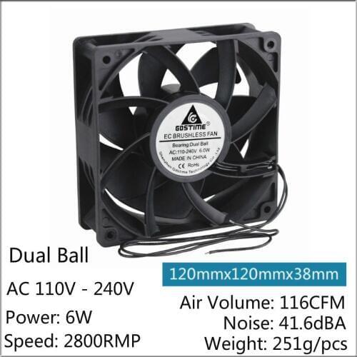 Gdstime 10 Pcs 120*120*38mm 12cm Motor AC DC EC Cooler 120mm x 38mm Brushless Cooling Fan AC 110V - 240V 12038 Ball