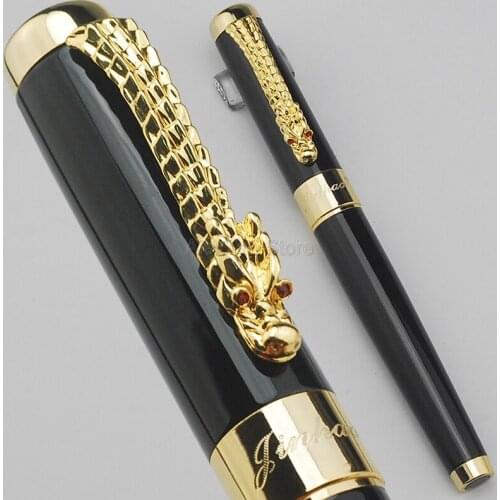 Jinhao 1200 Vintage Pocket Portable Fountain Pen Dragon Clip, Black Metal Carving Ink Pens Professional Supplies