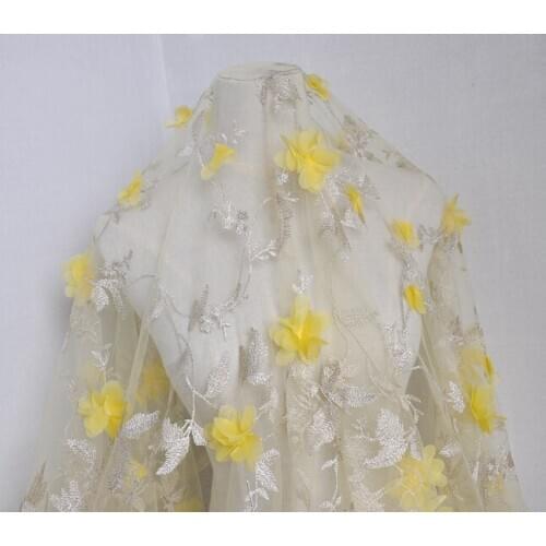 Quality gauze fabric 3D yellow CHIFFON FLOWER Decal tissu High end dress wedding dress patchwork
