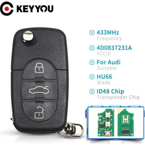 KEYYOU For Audi A3 A4 A6 A8 B5 TT RS4 Quattro 1994 - 2004 Old Models 433Mhz ID48 Chip HU66 Blade Car Remote Flip Key 3 Buttons