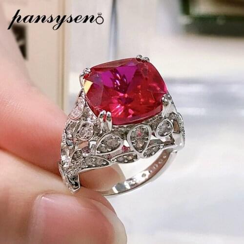PANSYSEN 100% 925 Sterling Silver 12MM Ruby High Carbon Diamond Gemstone Rings for Women Luxury Ladies Fine Jewelry Wholesale