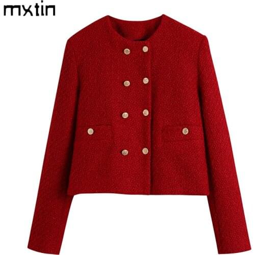 MXTIN 2021 Women Autumn Vintage Tweed Double Breasted Blazers Suit Fashion O-Neck Pockets Office Lady Business Female Outerwear