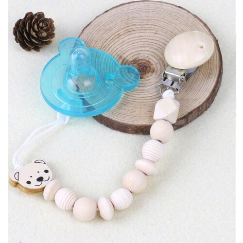 NEW Baby Dummy Chain Wood Pacifier Clip Bear Head Bead Dummy Clip Infant Teether Toy anti-lost strollor chains
