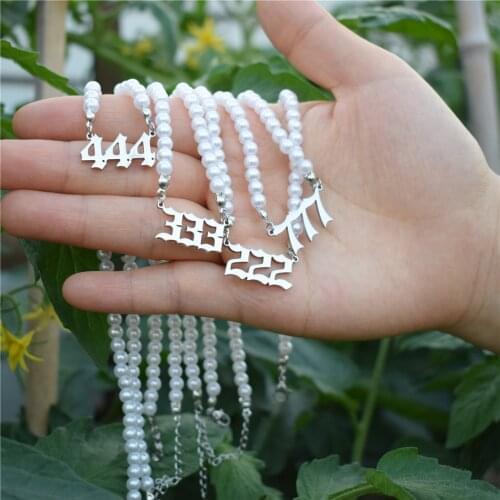Angel Number 111-999 Imitation Pearl Chain Necklace Birth Year Number Necklace 1980-2010 Gold Silver Charm Pendant Necklace Wome