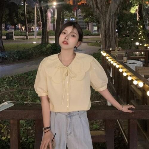 Shirt French Lace-up Doll Collar Short-sleeved Shirt Female Design Sense Niche Summer New Korean Loose Top