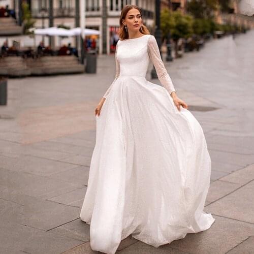 Eightree Glitter Vestido de Noiva Manga Longa Sparky Long Sleeve Wedding Dresses 2021 Bride Dress A Line Cheap Wedding Gowns