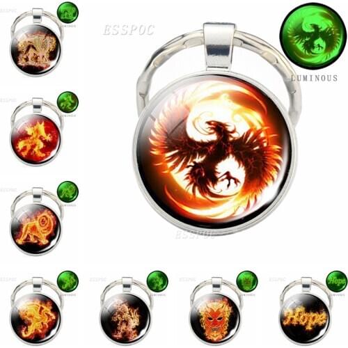 Luminous Eagle Werewolf Flames Jewelry Keychain Fashion Skull Treble Clef Glass Cabochon Glowing Animal Fire Keychains Gifts