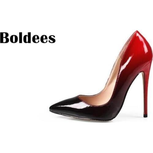 Women High Heel Wedding Shoes Black Red Patent Leather Slip-on Pumps Sexy Pointed Toe Stiletto High Heel Dress Shoes