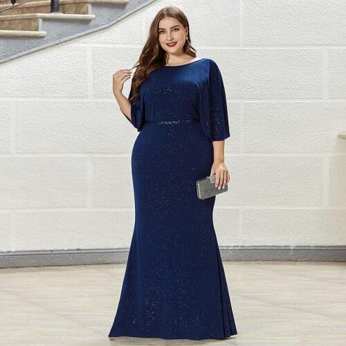 Evening Dress O-Neck Pleat Empire Half Sleeves Bling Mermaid Simple Elegant Floor-Length New Plus Size Women Formal Gowns D1000