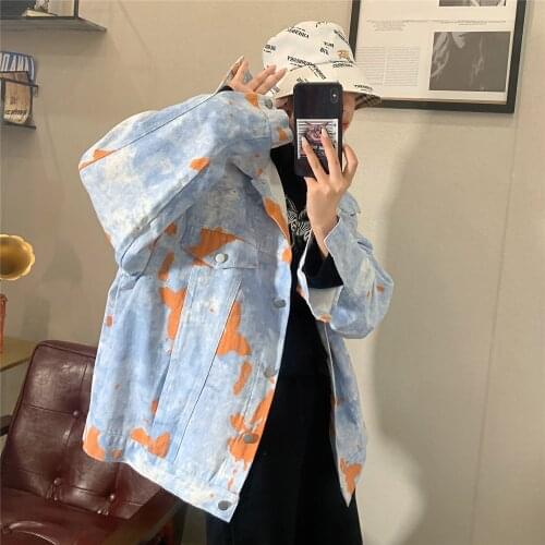 Women Printing Splicing Denim Jacket Turn-down Collar Jean Jacket For Womens Loose Casual Ripped Holes Jean Coat Female Outwear