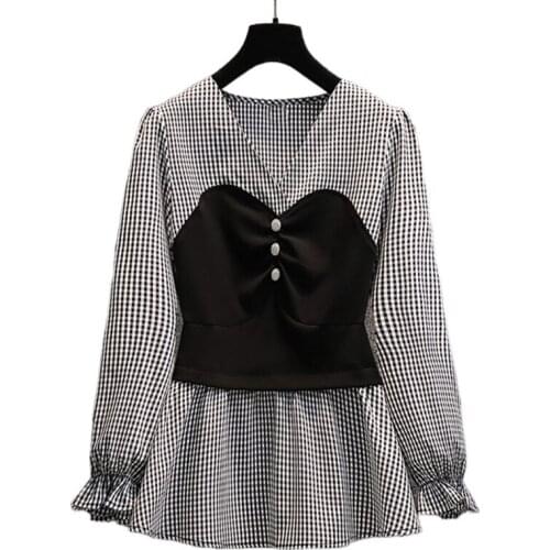 Women Plaid Patchwork Shirt 2021 Female Casual V-neck Long Sleeve Autumn Blouse Fashion Plus Size Slim Outwear Tops AIYANGA