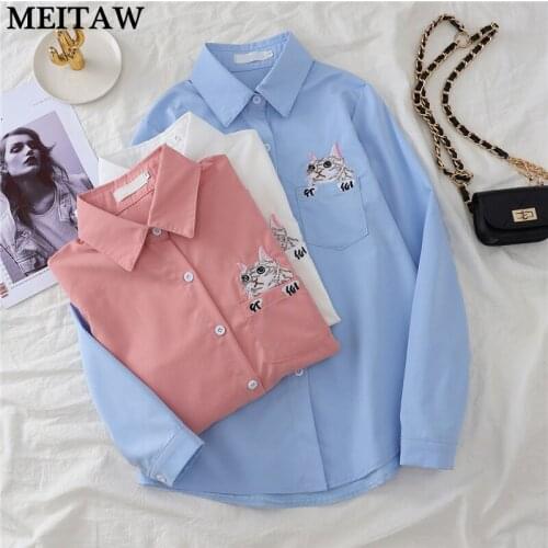 Women Korean Office White Blouse Shirt Spring Autumn Cat Embroidery Blouses 2021 Casual Long Sleeve Cute Tops