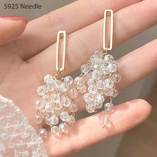 Real 925 Sterling Silver Needle Long Dangle Drop Earrings for Women Jewelry Elegant Fashion Crystal Gold Tassel Earrings
