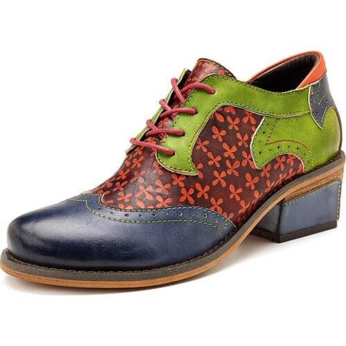 Women Pumps Elegance Vintage Retro Bohemian Floral Genuine Leather Splicing Lace Up 3-5CM Square High heels Women Shoes 2020
