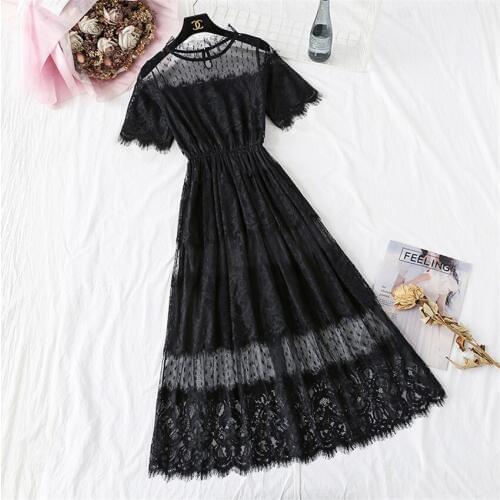 20 Summer Spring Elegant Women Lace Dresses Vintage Palace Style Mesh Dress Midi-Long Party Dress Womens Clothing Vestidos 1186