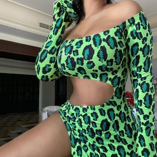 OMSJ New Style Green Leopard Printing Mini Dresses Off-shoulder Full Sleeve Hollow Out Sexy Irregular Lady Bandage Vestidos 2020