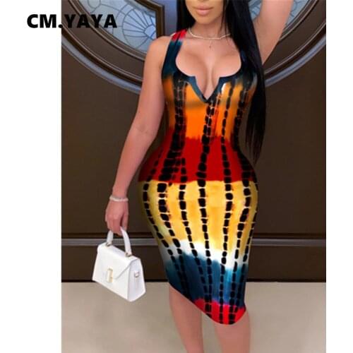 CM.YAYA Women Mini Dress Tie Dye Sleeveless Strap V-neck Bodycon Stretchy Pencil Knee Length Dresses Sexy Fashion Outfit Summer