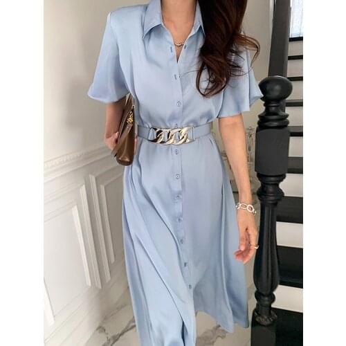 QOERLIN Chic Belted Single Breasted Shirts Dress Women Turn-Down Short Sleeve Loose Casual Sashes Metal Chain Vestidos Mujer